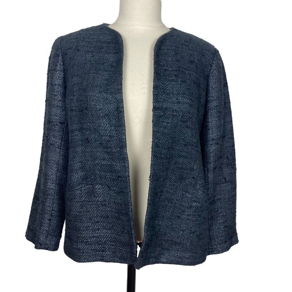 Eileen Fisher Open Blazer Jacket Womens 6 Black Silver Slubby Lined